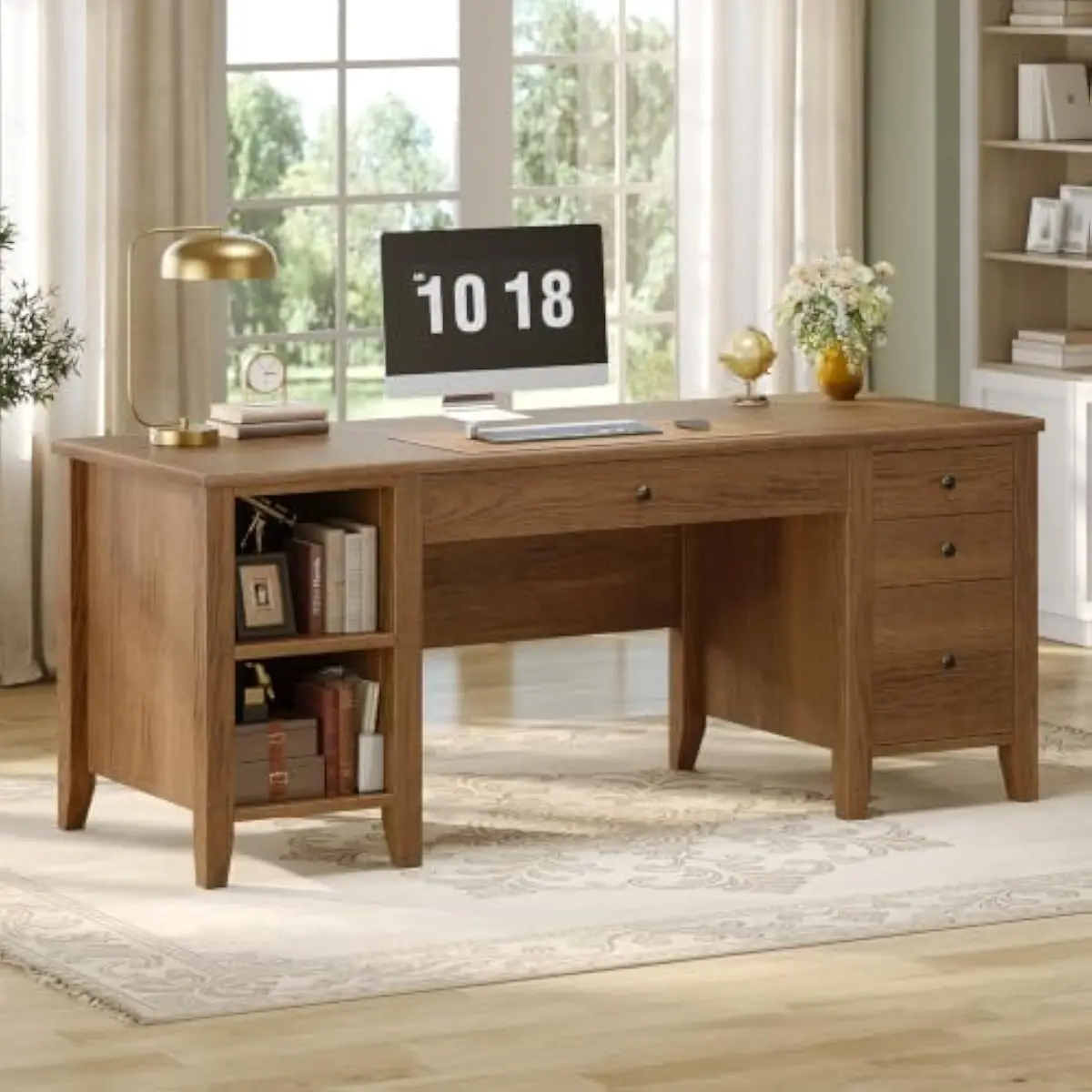 Solid Pine Wood Executive Desk 58 Inch Rustic Home Office Workstation with Four Full-Extension Drawers Two Open Shelves Varnishe