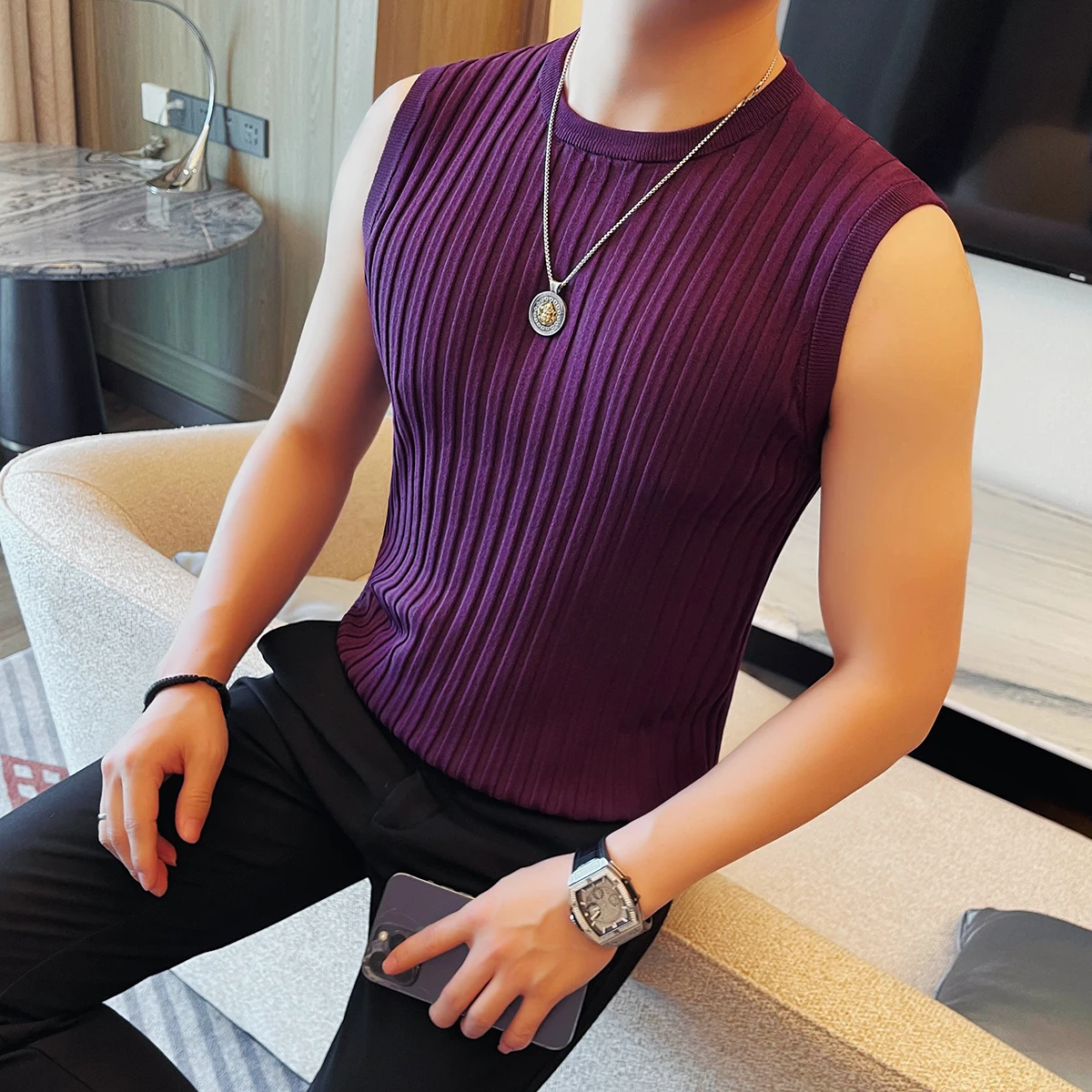 Men's Vest Summer Sleeveless Versatiles Casual Round Neck T-shirt High Quality Fashion Striped Knitted Thin Tee Top Men Clothing
