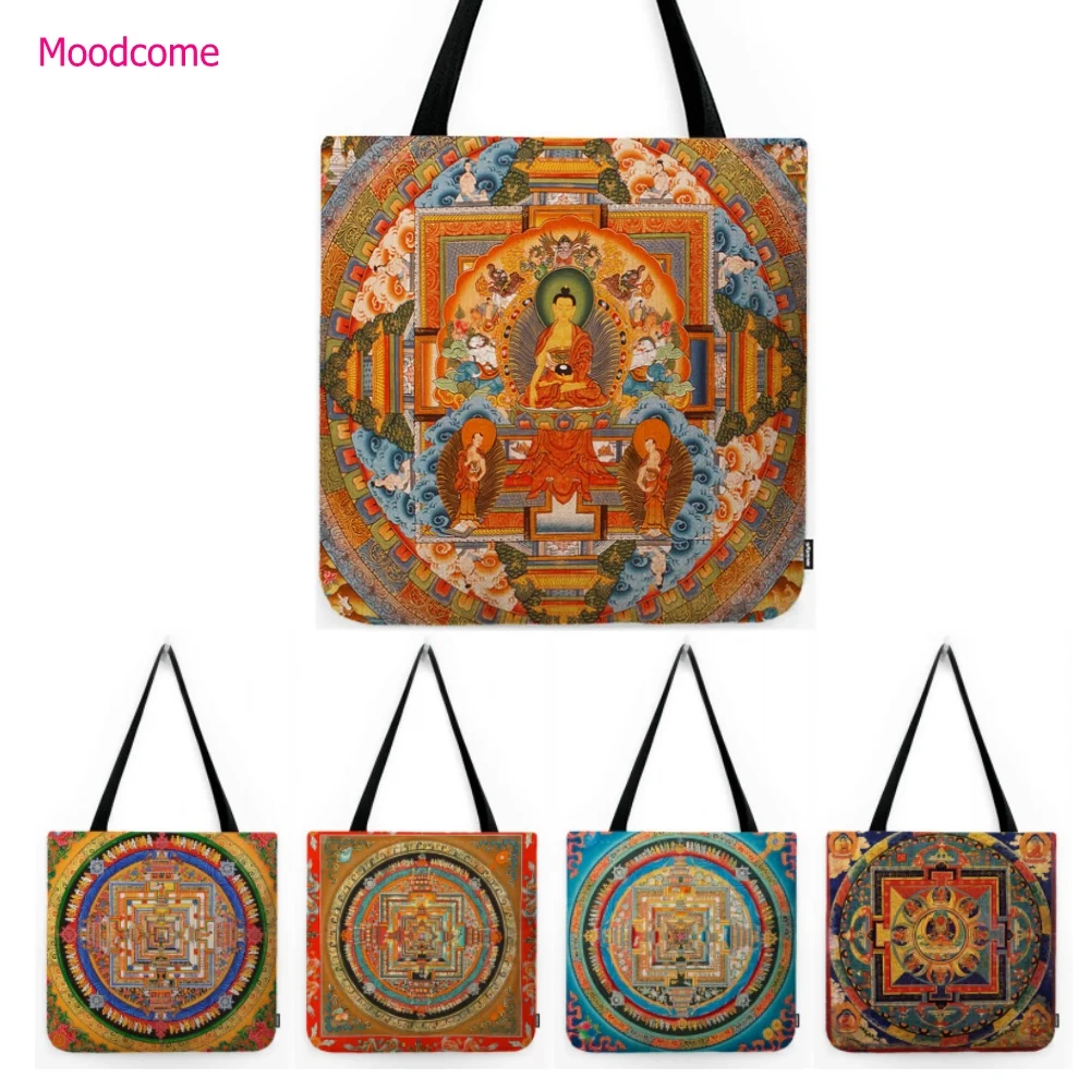 Mandala Buddhism Sakyamuni Tibet Tangka Art Worship Sacred Bodhisattva Buddhist Water Resistant Tote Bag  Linen Shoulder Bag