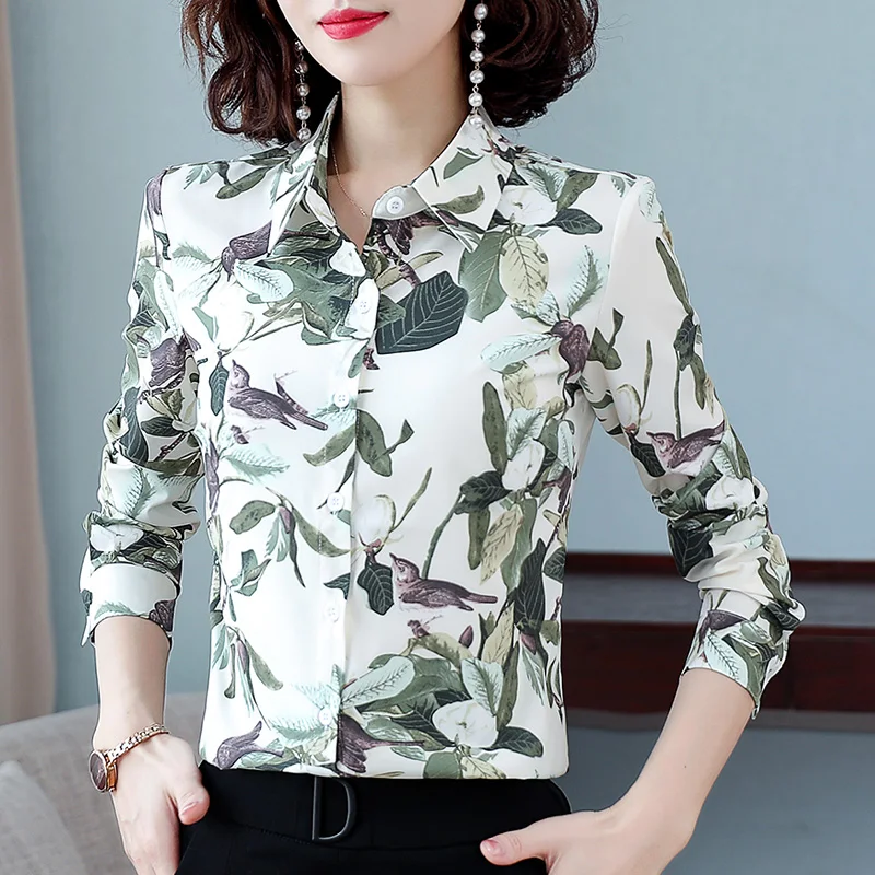 Spring Autumn Turn-down Collar Women\'s Floral Plant&Flowers Printed Button Long Sleeve Cardigan Shirt Casual Undershirt Tops