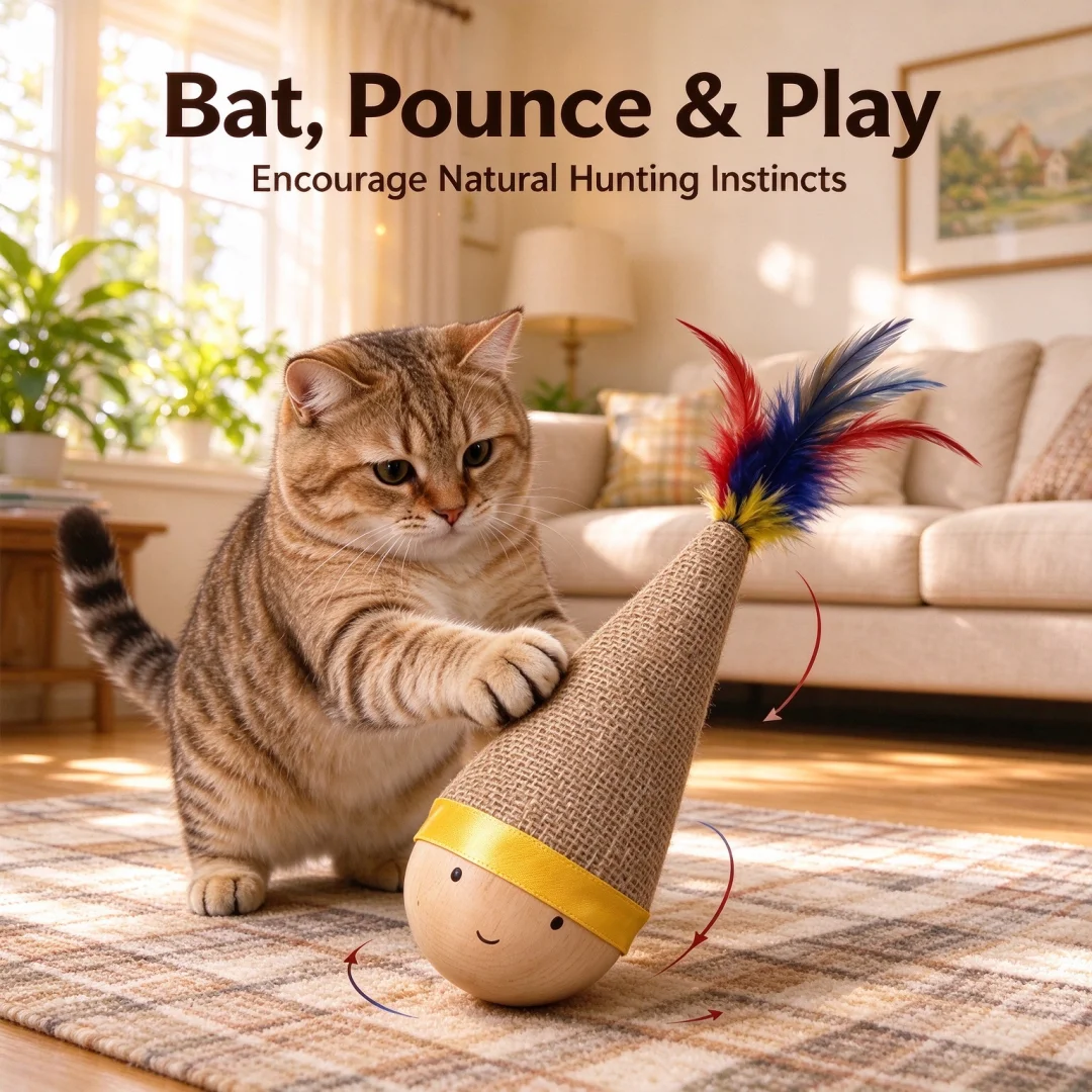 Wooden Swinging Cat Toy 2-piece Set, Indoor Cat Feather Tumbler, Self Correcting Tumbler, Colorful Feathers, Interactive Cat Toy