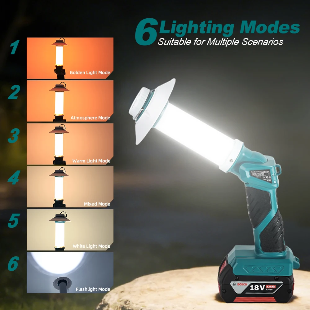 6 Modes Camping LED Flashlight For Bosch Portable Floodlight Work Light with Hook Outdoor Emergency Lantern Torch Power tools