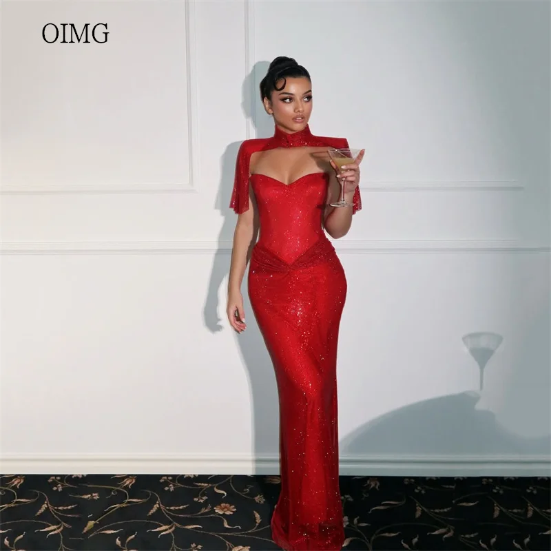 

OIMG Sexy Red Mermaid Prom Gowns Shiny Sweetheart Neck Cap Party Gown Floor Length Evening Dress vestidos de gala Customized