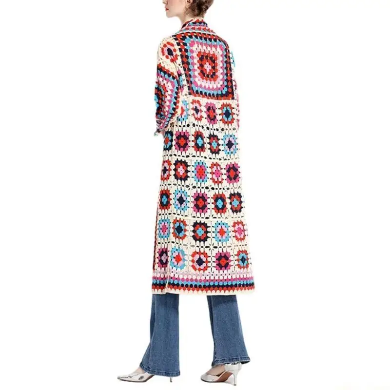 

31BF Vintage Hollow Out Knitted Long Cardigan with Colorful Pattern Open Front Tops
