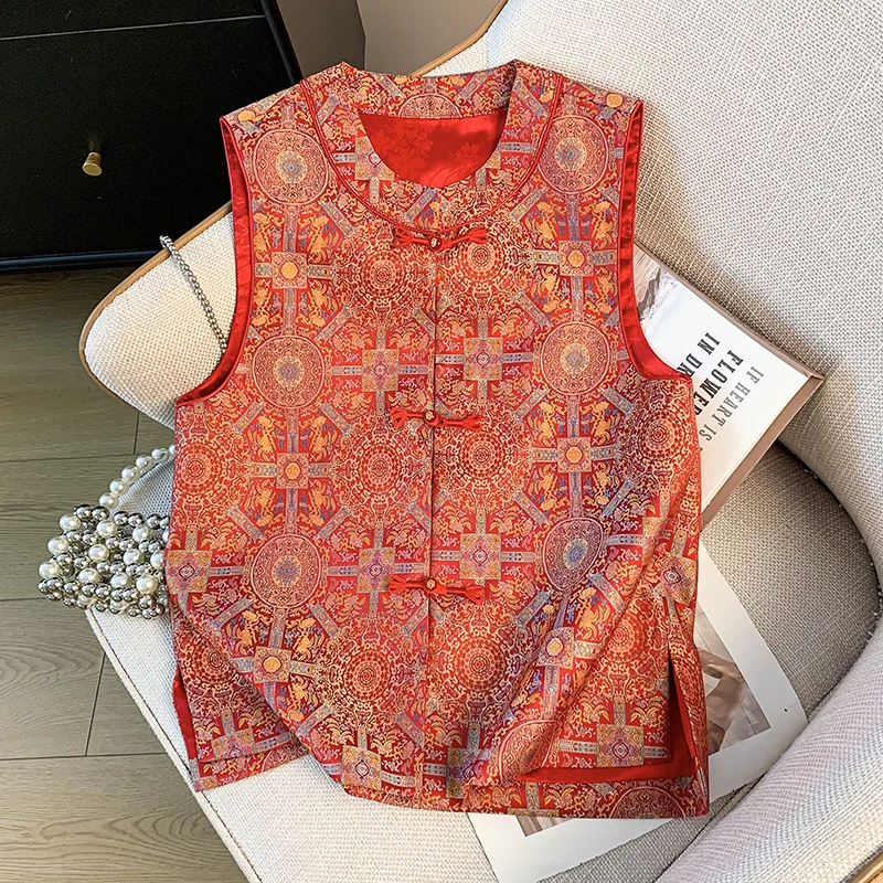 

New Chinese Style National Trend Button Hanfu Silk Satin Embroidered Tapestry Ethnic Style Improved Classical Vest Top