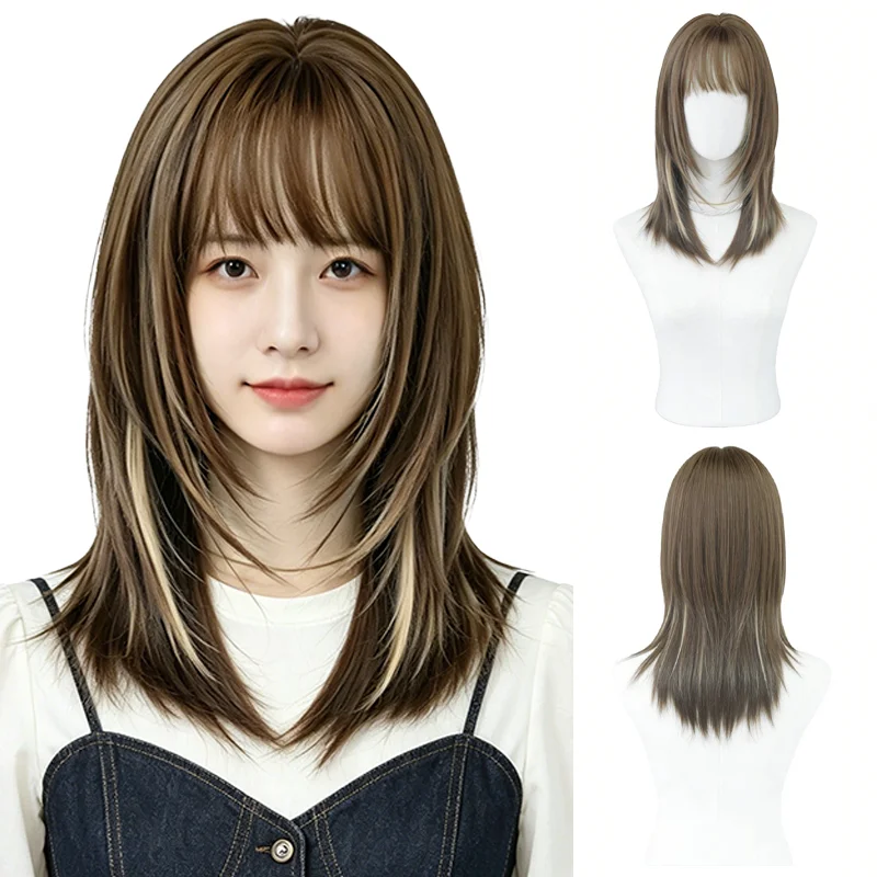 Milk Tea Brown Balayage Highlights Medium Length Wig For Women Natural Layered Clavicle Wig Heat Resistant Synthetic Daily Use