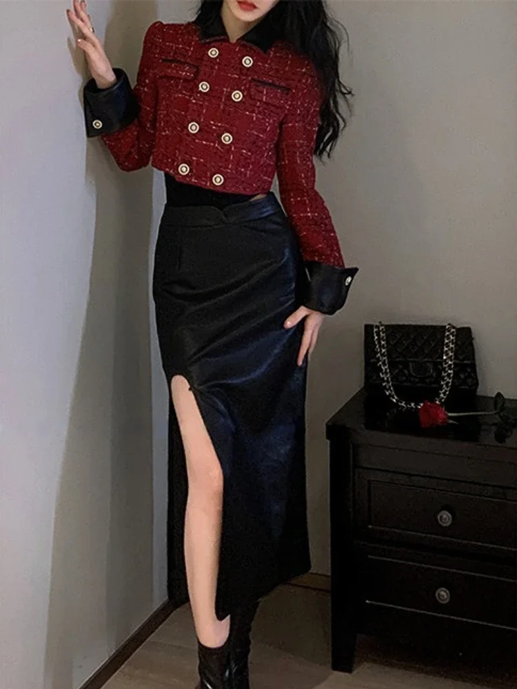 Autumn Christams Two Piece Set Women Short Coat+Split Leather Skirt Suit Female Korean Style Elegant Vintage Midi Skirt Set 2022