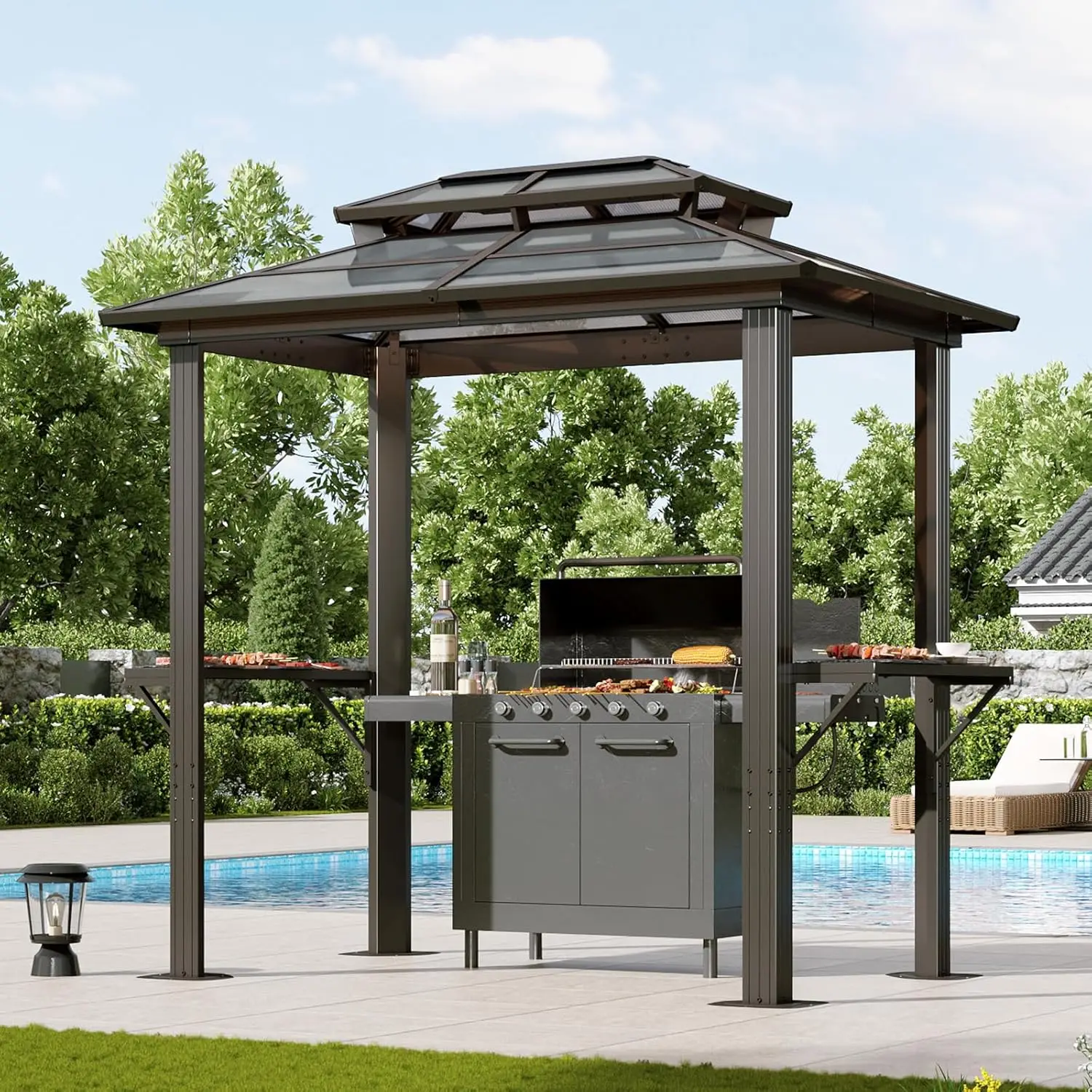 

8'x5' Hardtop Grill Gazebo Outdoor Barbecue Gazebo with Double Polycarbonate Top & 2 Side Shelves & Hooks Aluminum Grill Canopy