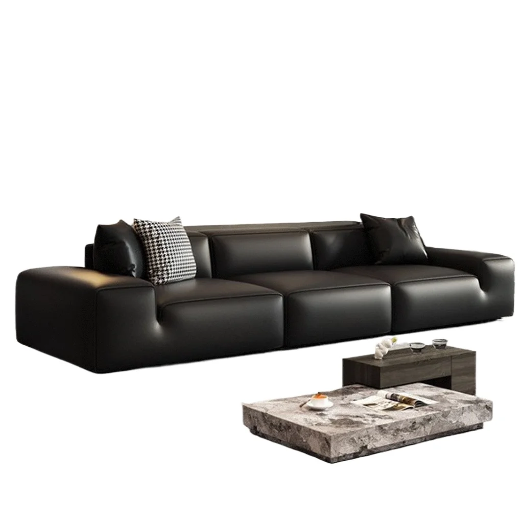 

Xiatu big black cow full leather sofa first layer cowhide straight row tofu block down three people four people