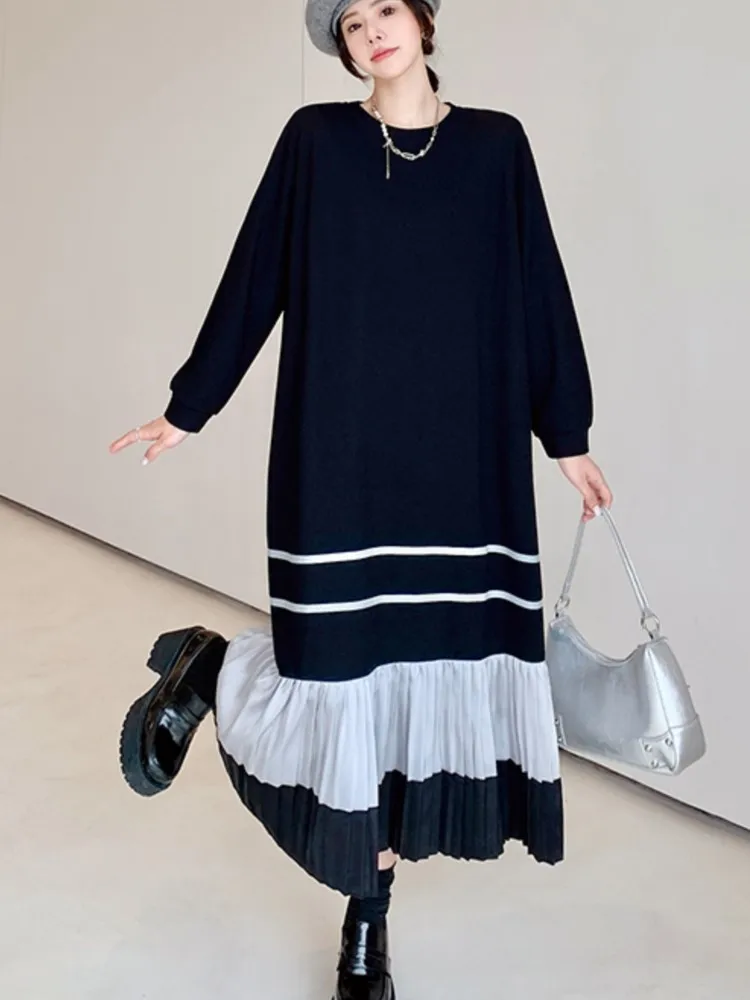 特大の女性用Tシャツ,プリーツドレス,ルーズセーター,パッチワークカラー,長袖,春,秋