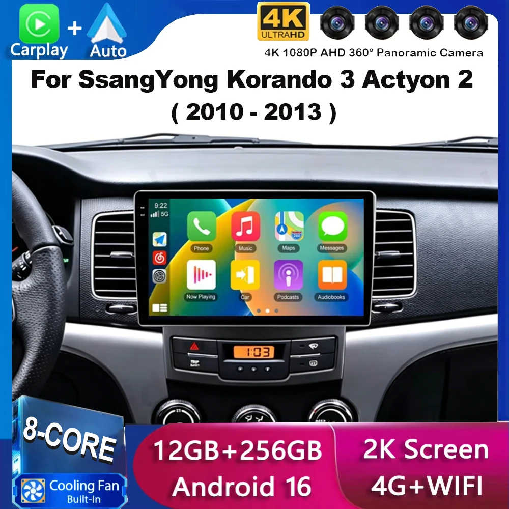 For SsangYong Korando 3 Actyon 2 2010-2013 Carplay 4G+WIFI GPS Car Radio Navigation Multimedia Video Player Stereo BT Android 16