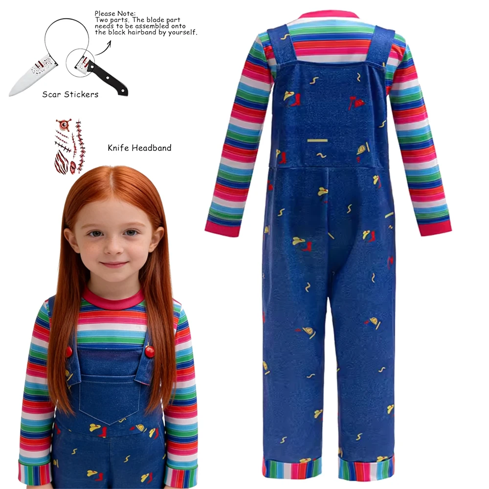 

Комбинезон для девочек в стиле косплей с принтом персонажей ужасов, удобный полосатый наряд с деталями в виде принта для Хэллоуина и маскарадных вечеринок