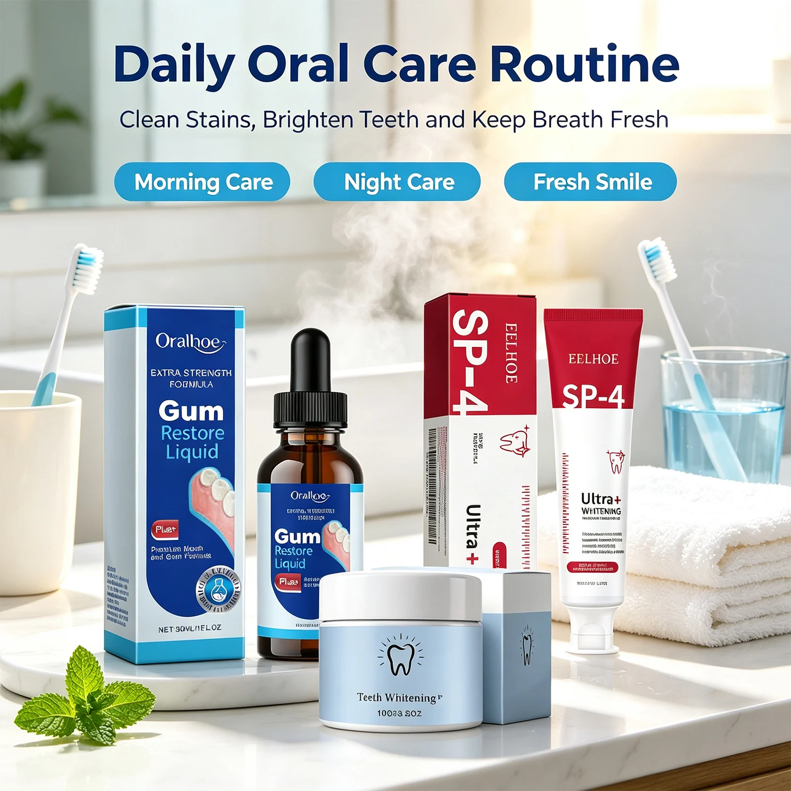 Oral Care Combo Set Whitening Toothpaste Mouthwash Teeth Powder Stain Remover Fresh Breath Gentle Repair Care Gel Serum