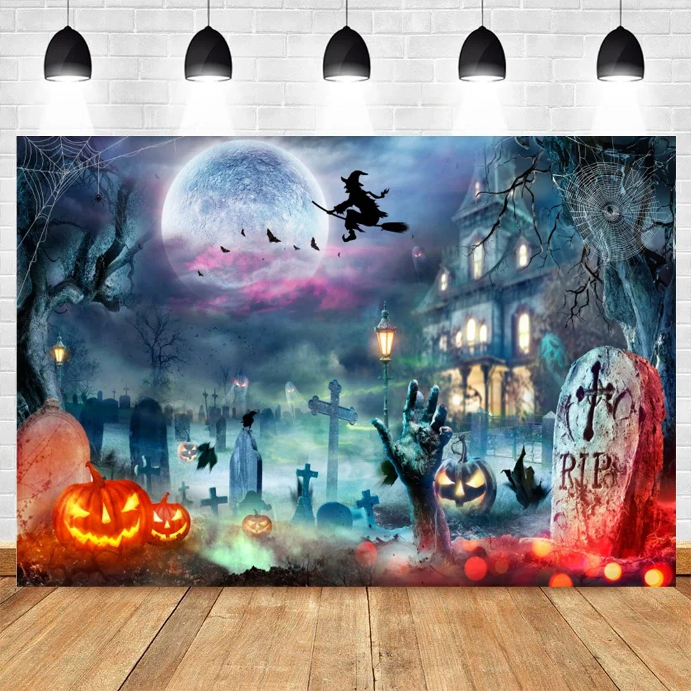 Halloween Forest Backdrop Full Moon Castle Ghosts Graveyard Spooky Photography Background Horror Party Decor for Photo Booth