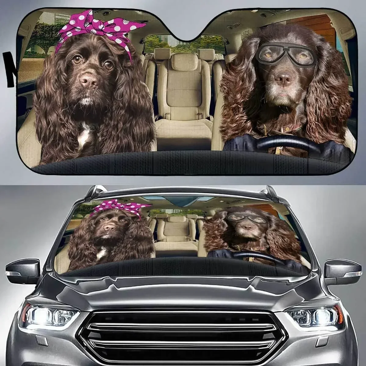 

Funny Boykin Spaniel Dogs Couple Driving Left Hand Car Sunshade, Boykin Spaniel Dogs Wearing Pink Headband and Glasses Auto Sun