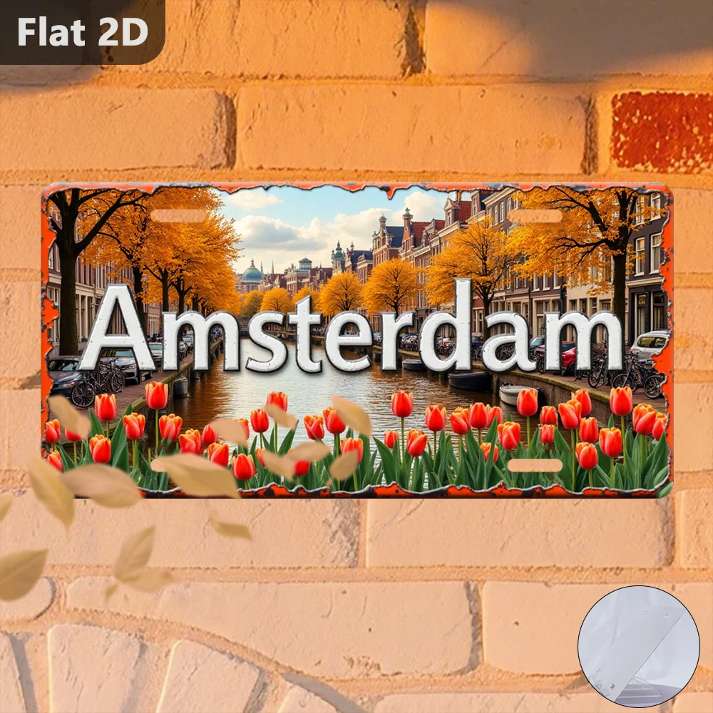 2D Flat,Only for Decoration Decor,Amsterdam Canal with Tulips,Retro Home Decor,License Plate Shaped,Gifts for Family and Friends