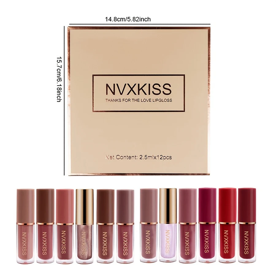 12PCS matte lip glaze pearlescent lip gloss waterproof long-lasting not easy to fade matte lipstick gift box gift