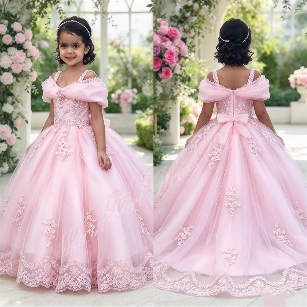 Princess Puffy Flower Girl Dress with Bow Rhinestones Lace Appliqués for Birthday And First Communion Dinner