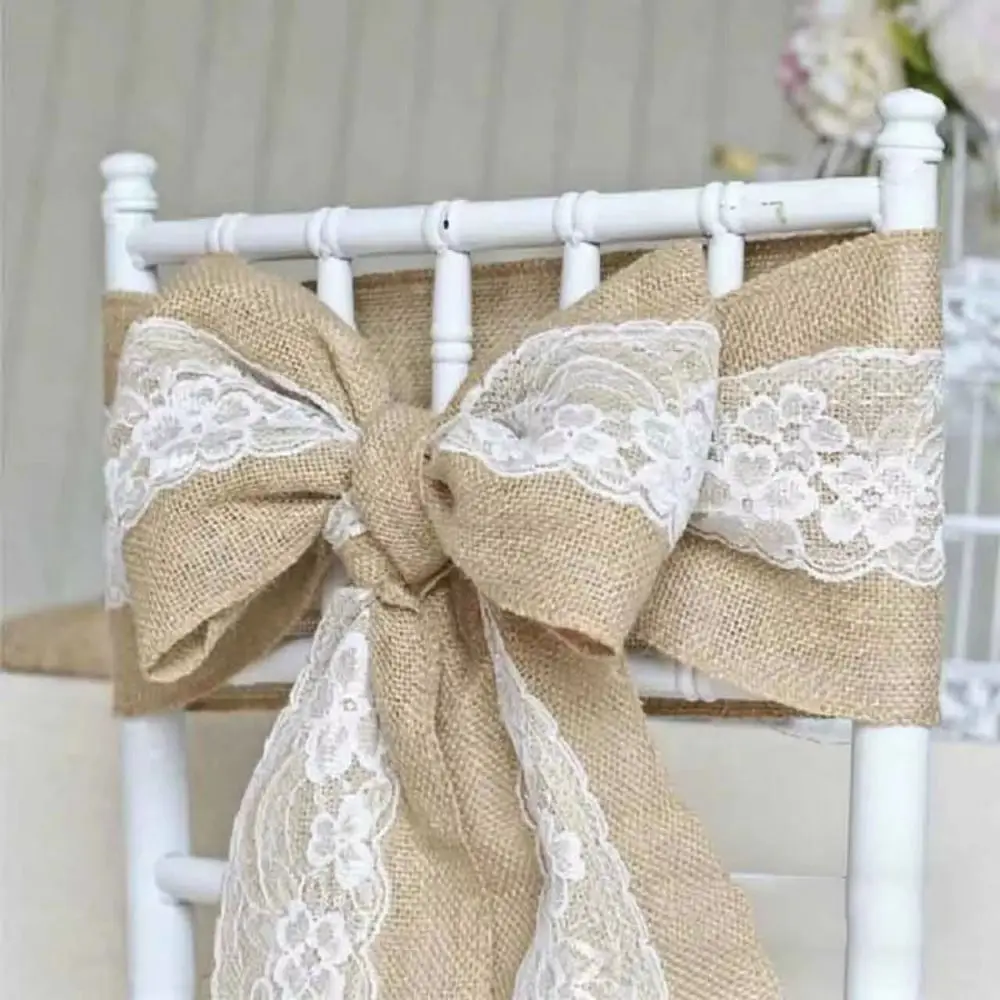 Vintage Burlap Chair Bow 15cm Handmade Lace Cotton Chair Backrest Classic DIY Craft Lace Linen Ribbon Roll Gift Box Packaging