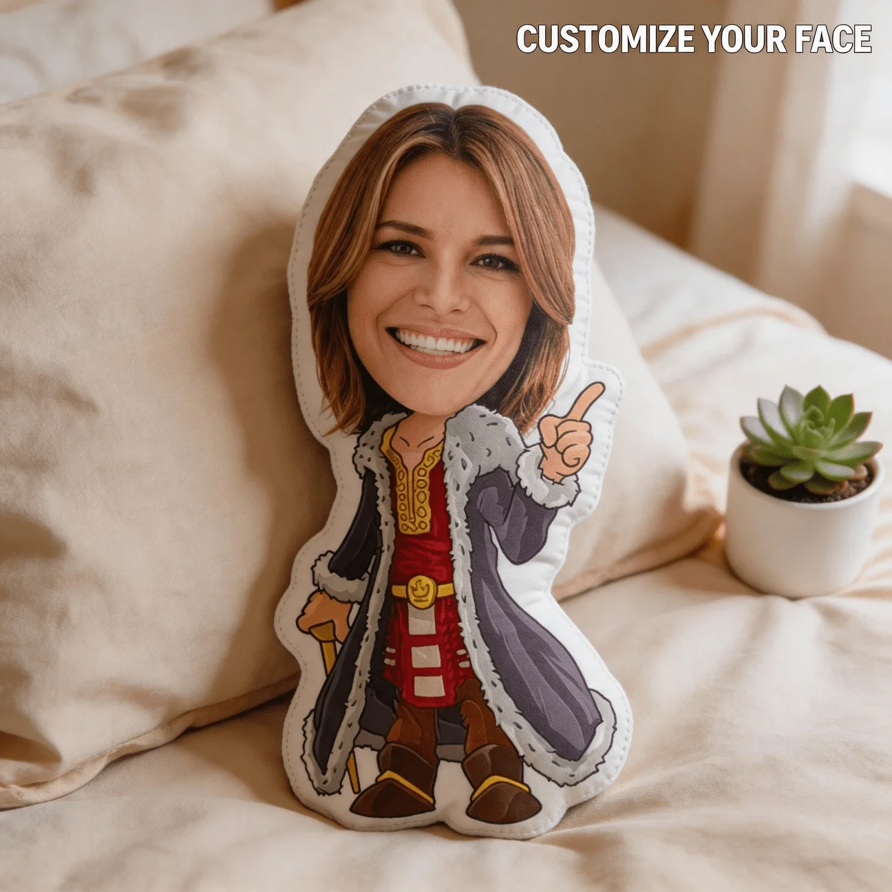 Custom Face Shaped Pillow, Personalized Photo King Costume Decorative Cushion, Funny Smiling Portrait Accent Pillow for Sofa & B