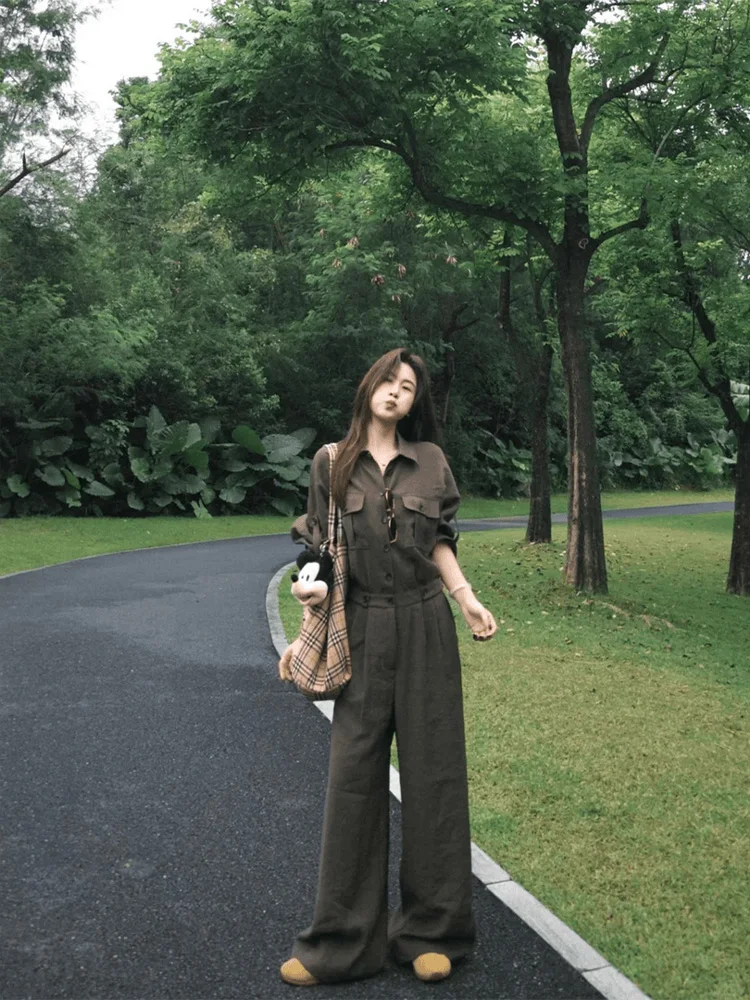 Ele casual carga design calças de uma peça feminina solta calças compridas cintura alta emagrecimento verão 2025 cor café parkyeon