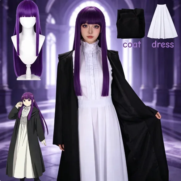 2026 Frieren Fern Cosplay Costume Purple Wig White Long Dress Black Coat Jacket Full Set Uniform Halloween Comic Con Outfits