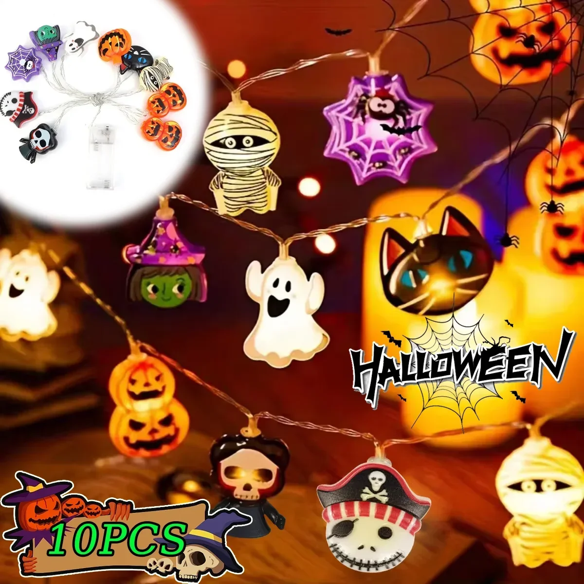 

10PCSHalloween 10 LED Battery Powered String Lights With Ghost Witch Cat Pumpkin Spider Web Skeleton Mummy Pirate Shape Indoo