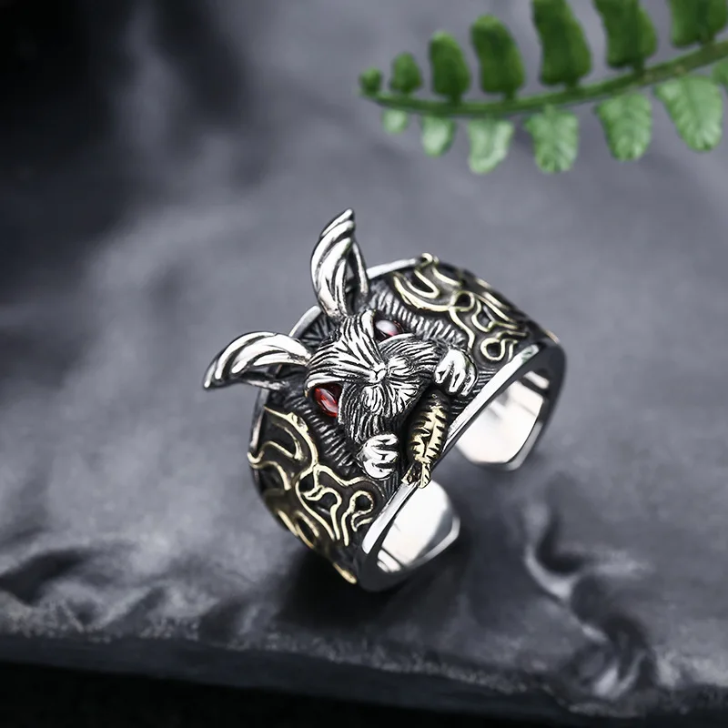 wholesale 925 sterling silver ring men's personalized wide version rabbit head open ring trendy thai silver retro ring