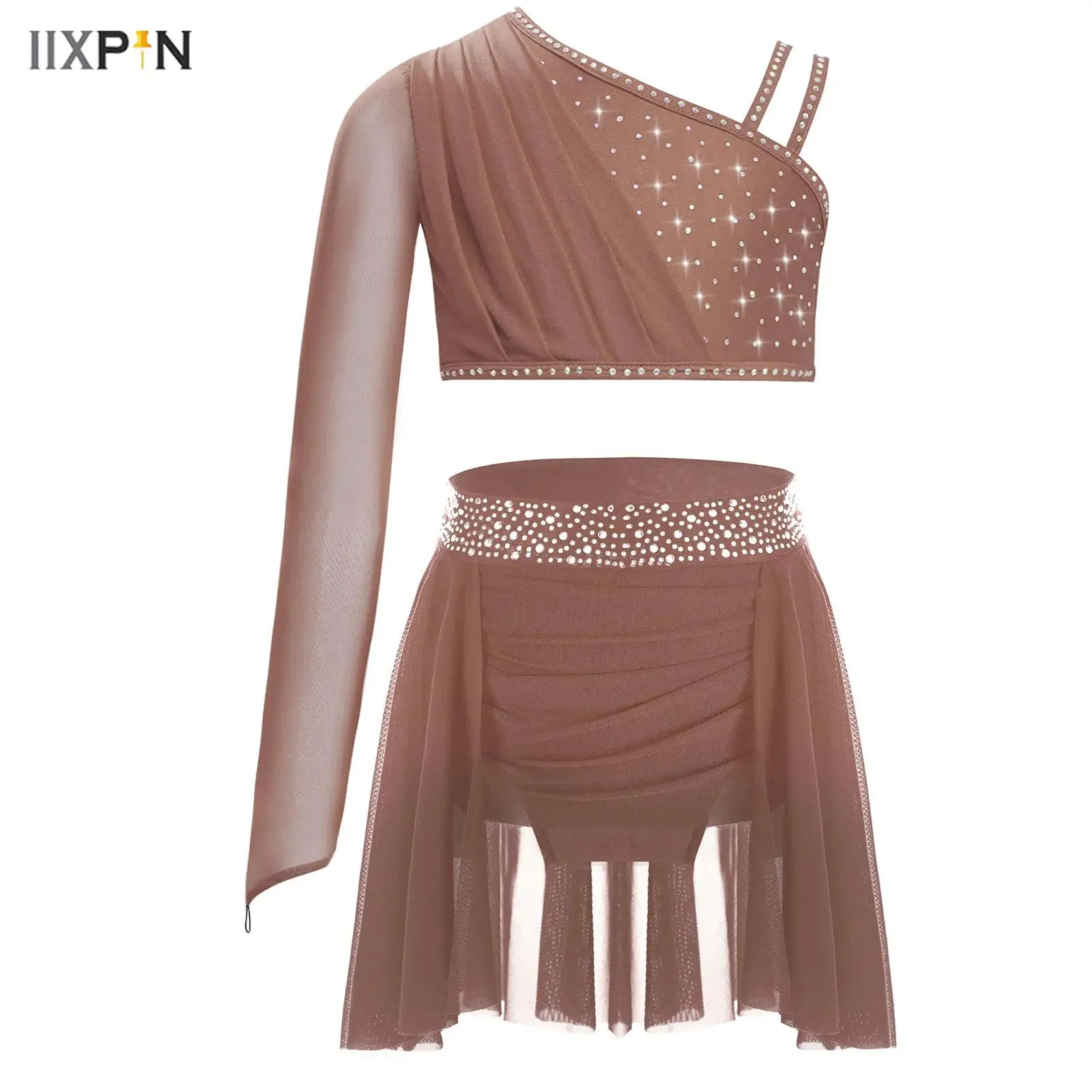 

Kids Girls Figure Skating Ballet Dance Costume Sheer Mesh Long Sleeve Asymmetrical Shoulder Glittery Rhinestones Crop Top+Skirt