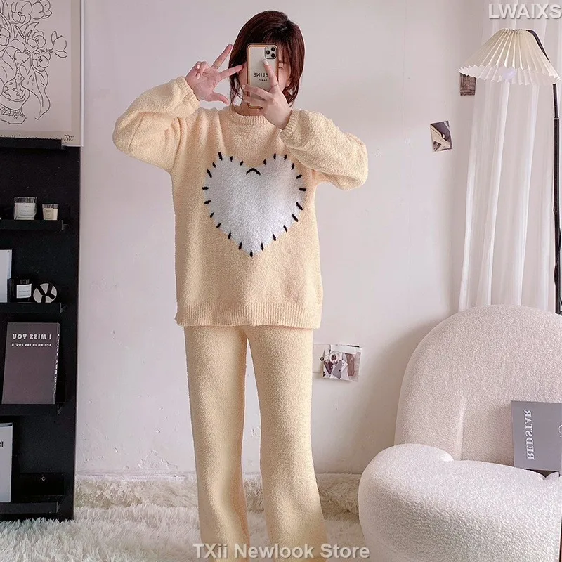 Soft Pajamas Women's Autumn and Winter fleece-lined Thickened Solid Color Holed Cuff Warm Knitted Outer Wear Home Clothes