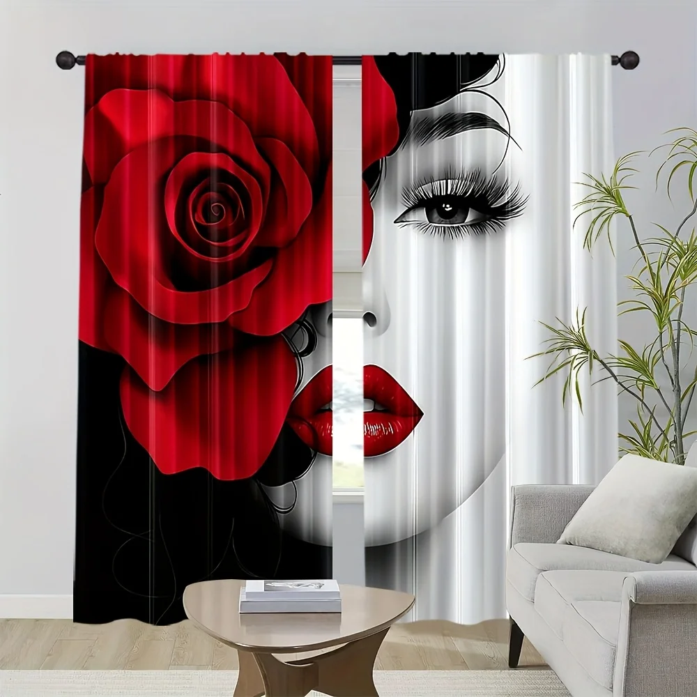 2pcs Red Rose and Glamorous Lady Portrait Curtains Fashion Artistic Black White Window Drapes for Bedroom Living Room Hotel