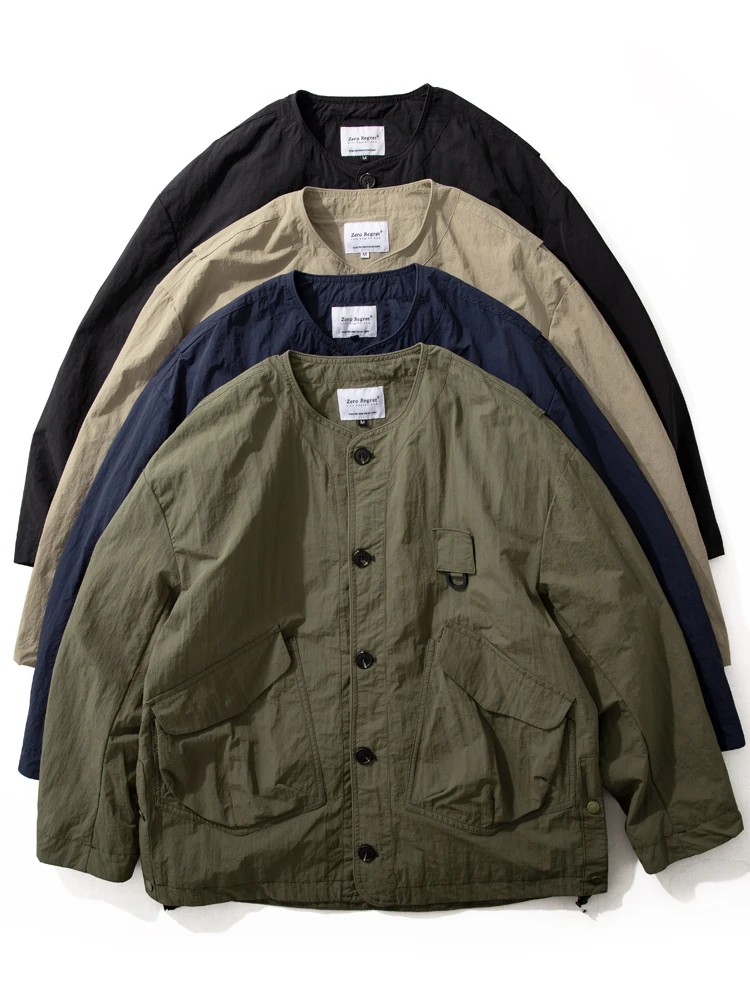 Spring Autumn Men's Casual Loose Outdoor Jacket No Collar Windproof American Style Workwear Coat with Big Pockets Polyester F...