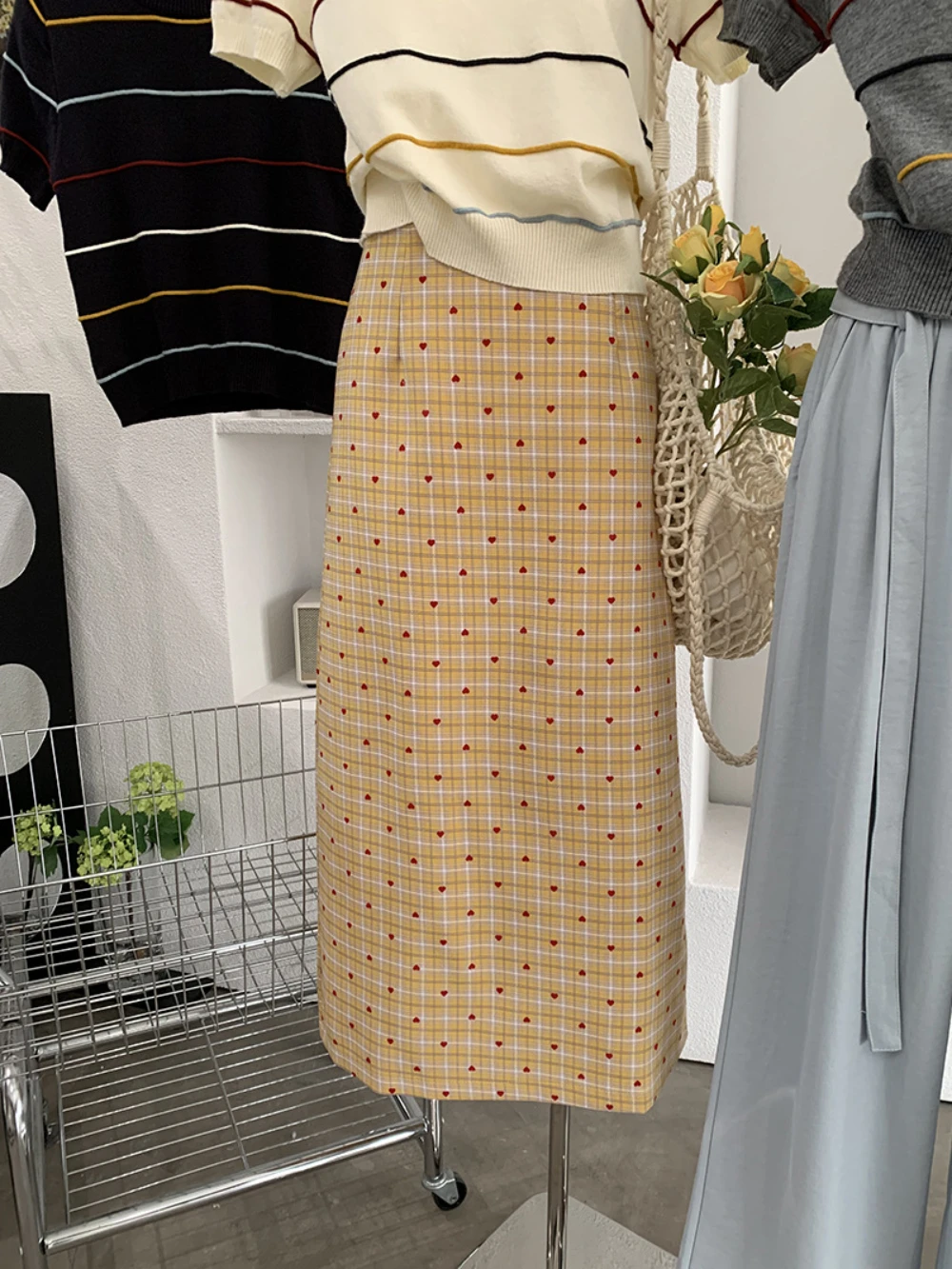 Spring Summer Fashion Sweet Plaid Heart Printing Bodycon Skirt Korean Style Simple Versatile High Waist A-line Short/Long Skirt