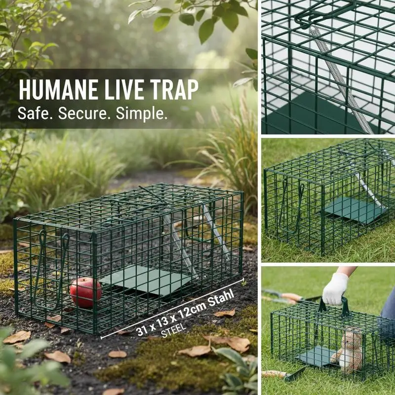 Piège à animaux en acier vert, structure solide résistante à la rouille, attrape-nuisibles portable pour jardin extérieur 31×13×12cm