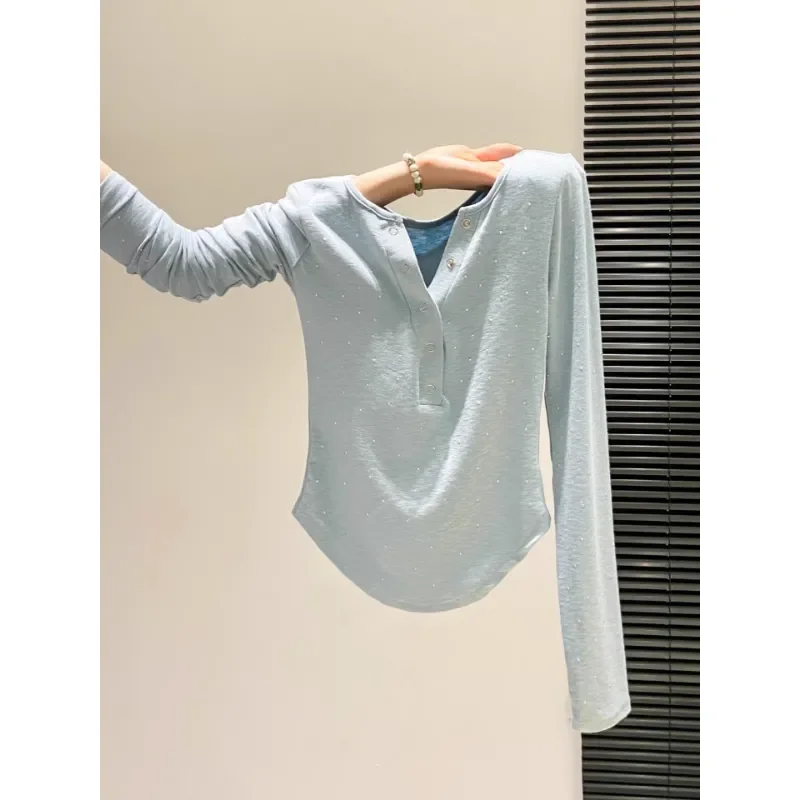Women Rhinestone Half Placket Long Sleeve T Shirt Slim Curved Hem Y2K Layering Top Spring Casual Blouse