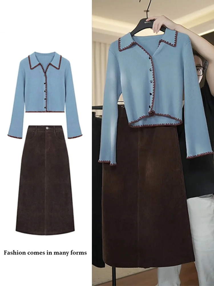 

Women's Spring Autumn Knitted Long Sve Corduroy Blouse And f Skirt Two Piece Set Casual Sle round Ne High Waist