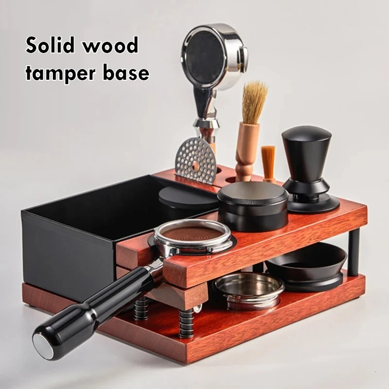 51/53/58mm Wooden  Tamper Station Spring Tamper Holder Coffee Knock Box Distributor, Portafilter & Puck Screen Organizer Box