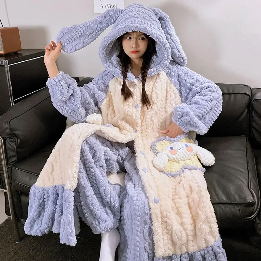 Kawaii Sanrios 2Pcs Pompompurin Winter Women\'s Thicken Plush Pajama Set Hello Kitty My Melody Winter Nightgown Home Clothes Girl