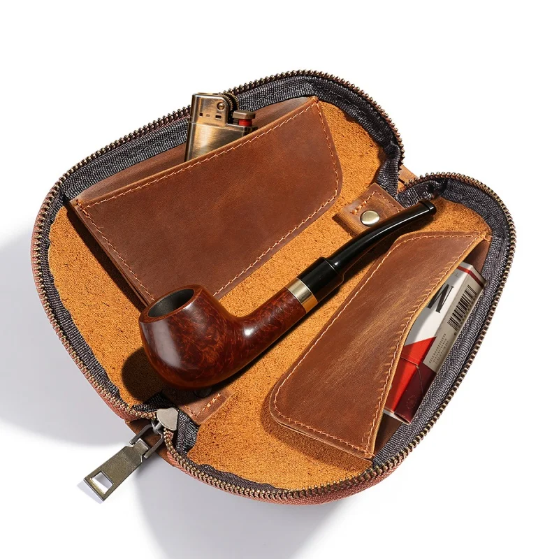 

Crazy Horse Leather Tobacco Pipe Pouch, New Cross-Border Genuine Cow Leather Zipper Bag for Tobacco Lighter Storage