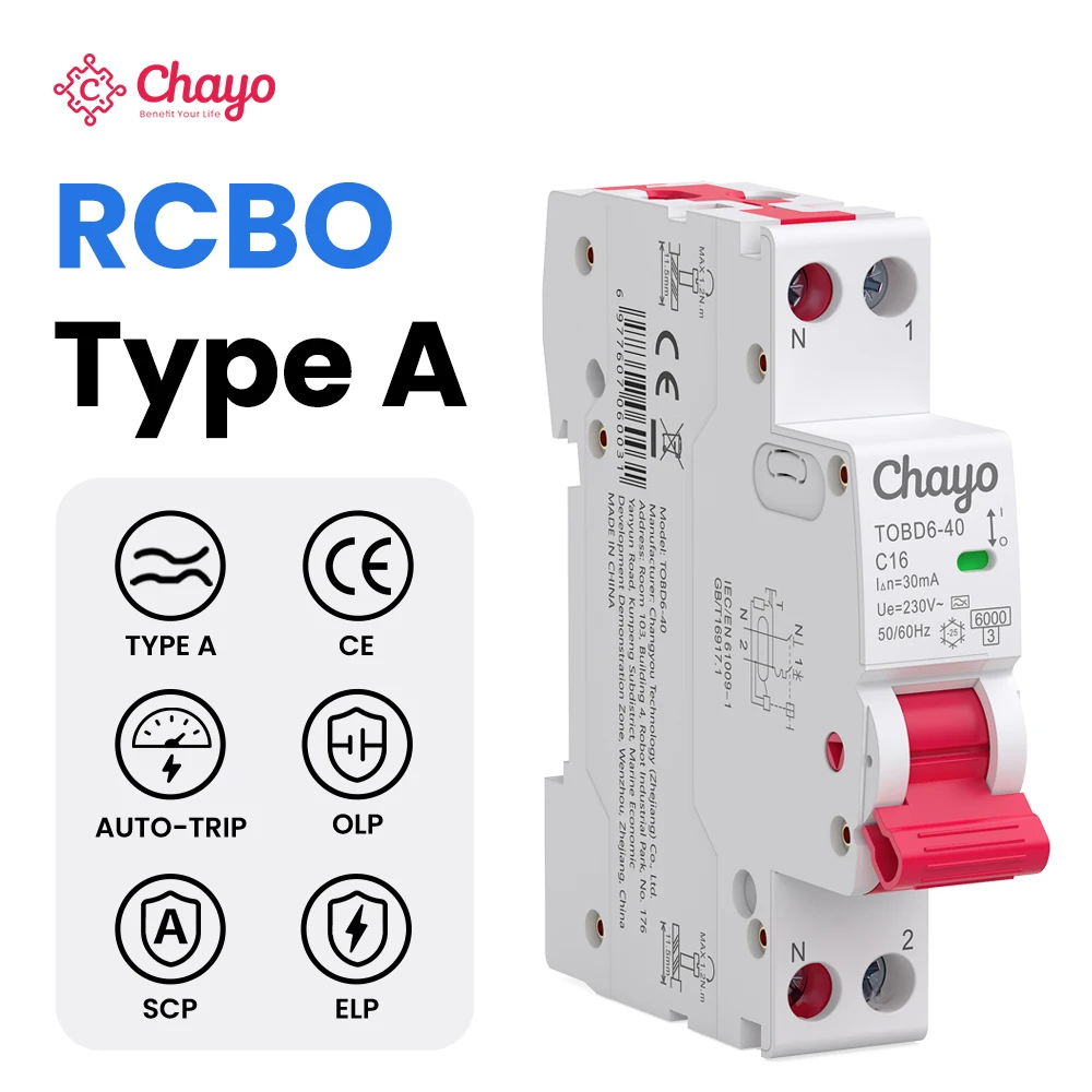 Chayo Type A RCBO with 6kA breaking capacity,B/C curve,10/30mA,offers overcurrent and leakage protection for household circuits