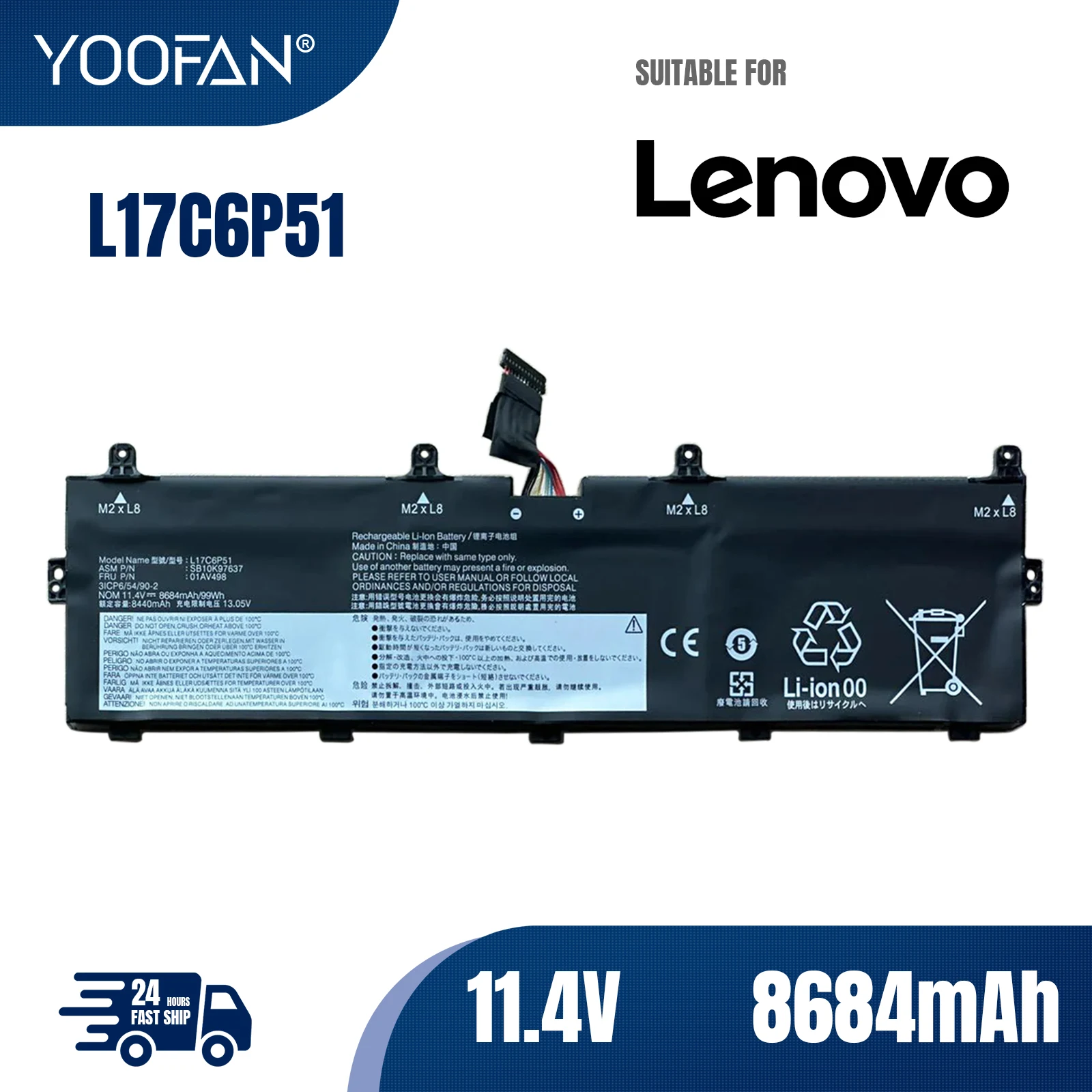 

YOOFAN L17M6P52 L17C6P51 01AV497 01AV498 Battery for Lenovo ThinkPad P72 P73 8684mAh/99WH 11.4V