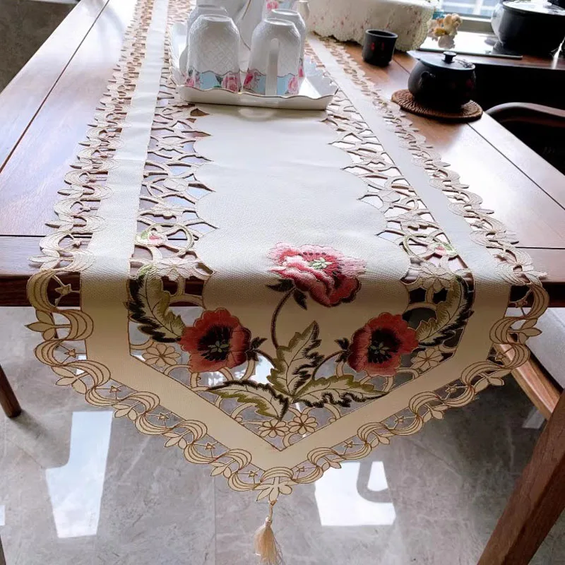 

Luxury lace rose flower embroidery Table flag Runner cloth cover tablecloth Christmas Wedding Table decoration and accessories