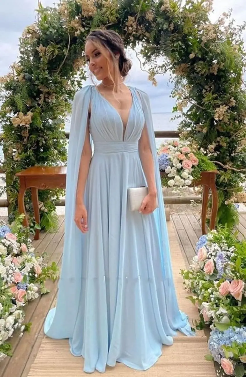 A-Line Backless Long Evening Gowns 2026 Chiffon Bridesmaid Dresses with Long Sleeves V-Neck Pleated Formal Dresses for Women