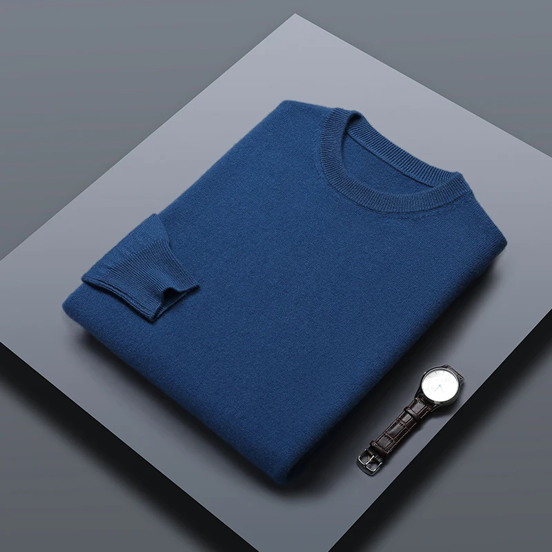 Classic Solid Color Men\'s O-neck Sweater Autumn Winter 100% Merino Wool Knitted Pullover Long Sleeve Warm Loose Casual Men Tops