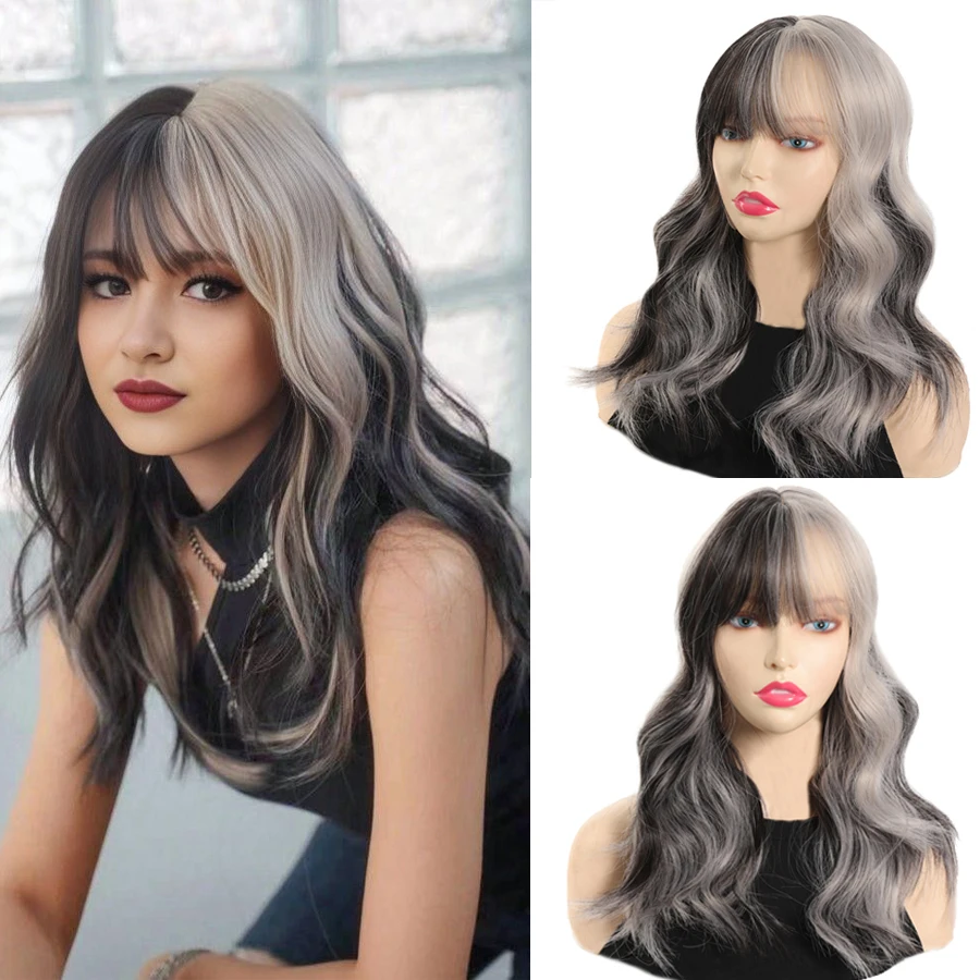 Synthetic medium Mixedblack gray wig with bangs water wave wig  cosplay Halloween wig Heat Resistant Fiber Natural Fake Hair