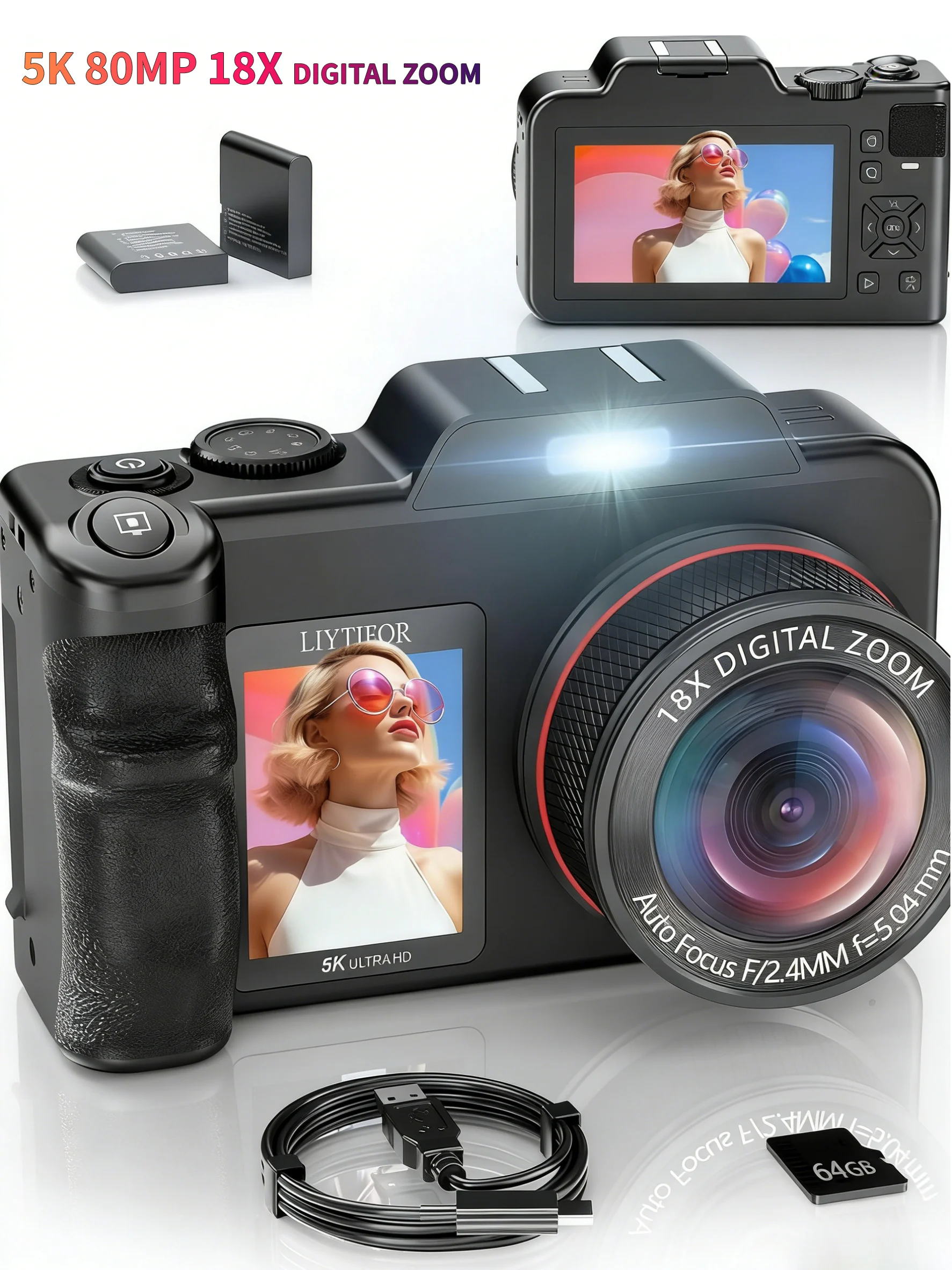 V02 5K digitale camera 18X digitale zoom 80MP Vintage Vlog videorecorder YouTube Travel Dual Screen fotografiecamera met flitser - afbeelding 2