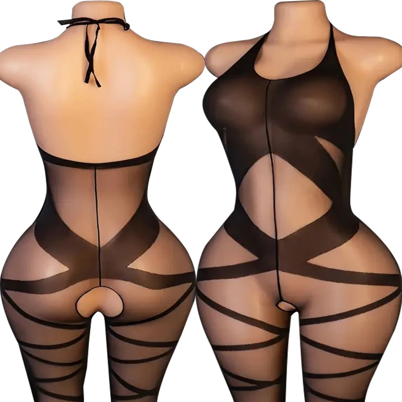 Women Body Stockings Porn Sexy Lingerie Open Crotch Tights Transparent Catsuit Mesh Pantyhose Sling Halter Backless Teddy Tights