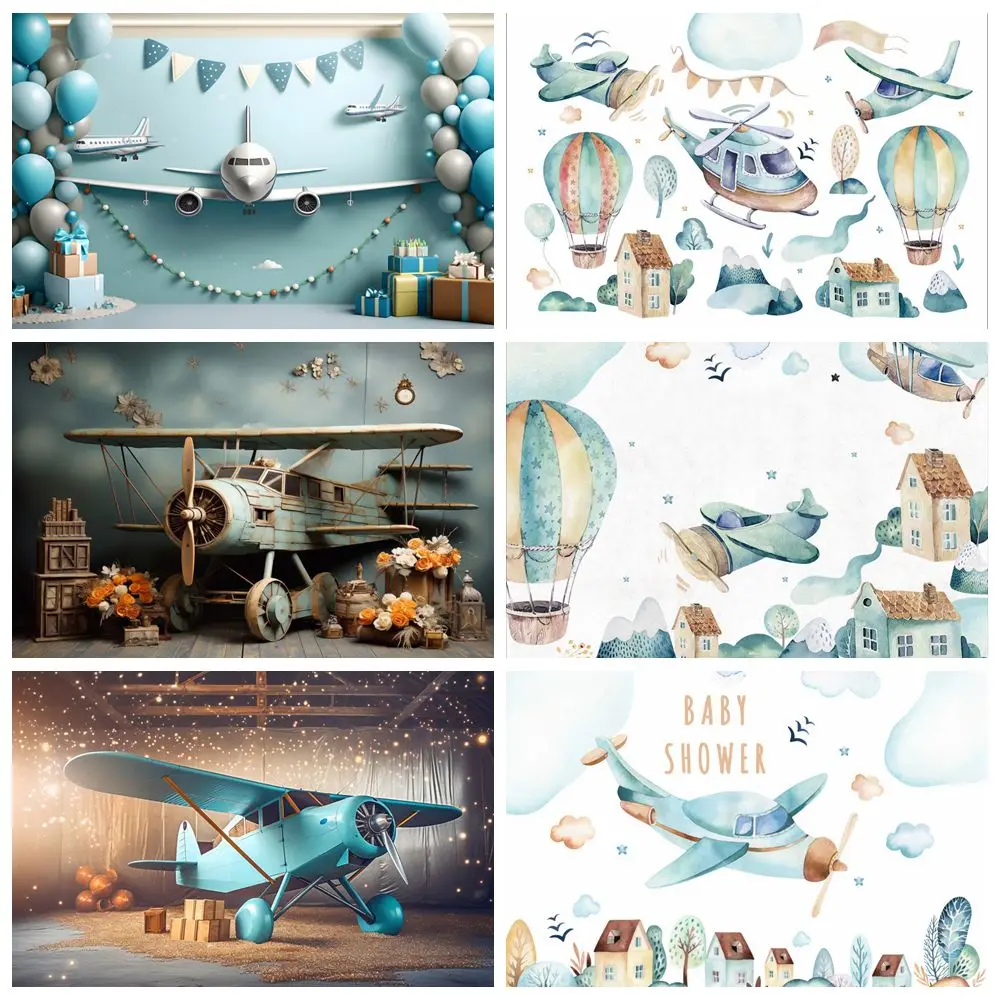 Aircraft Backdrop Cartoon Airplane Baby Shower 1st Birthday Party Kids Portrait Photography Background Decor Photo Studio Props