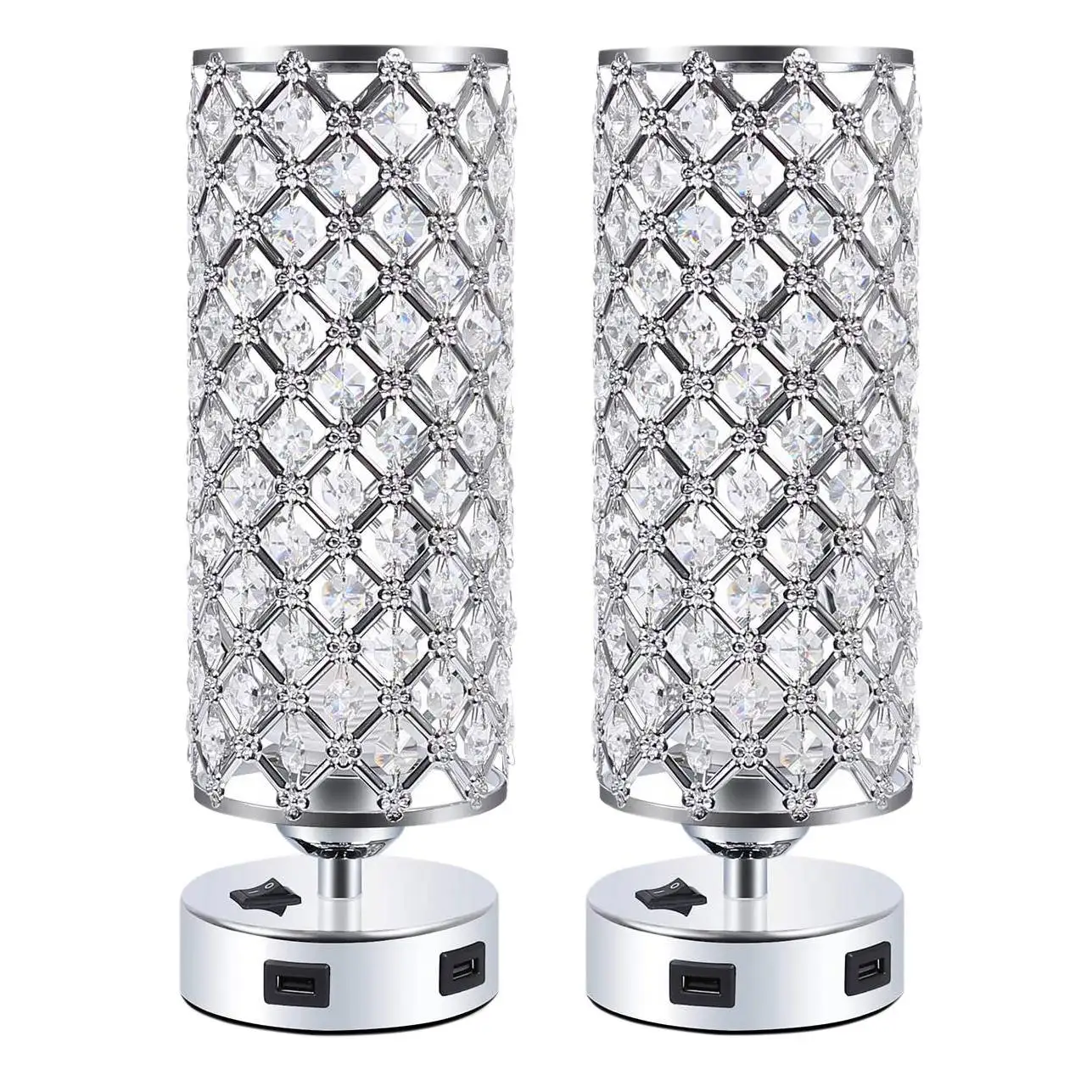 

Crystal Nightstand Desk Table Lamp Support E26 Dual USB Port,Bedside Night Lights for Bedroom Office Room,Silver US Plug