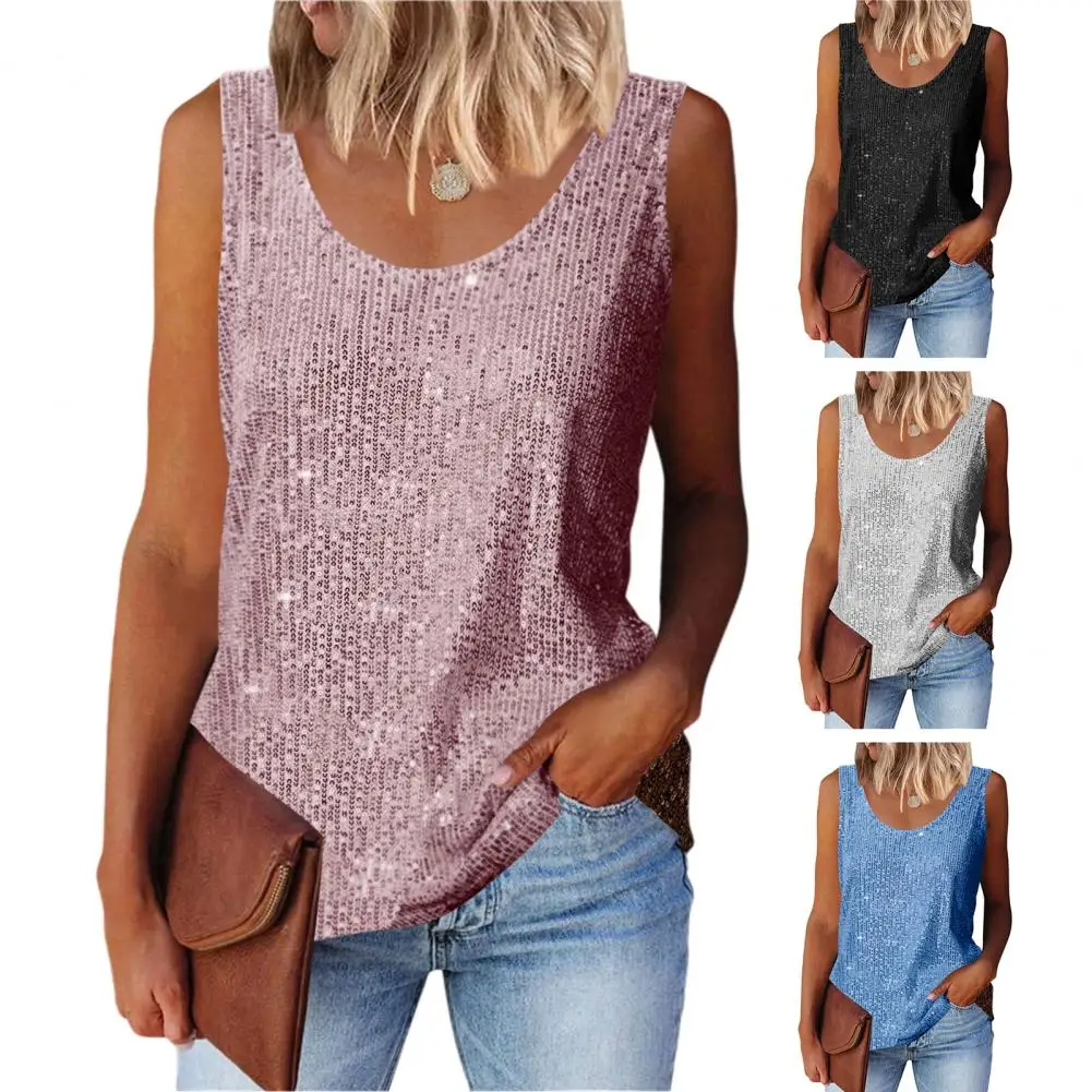 

Женские блестящие топы с пайетками, свободного кроя, с U-образным вырезом, без рукавов, однотонные, для повседневной носки и выступлений